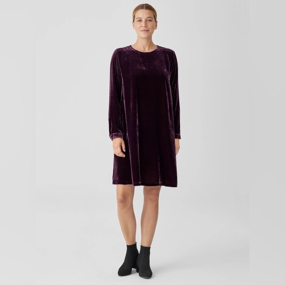 Eileen Fisher Velvet Crew Neck Plum Dress Small - Picture 1 of 12